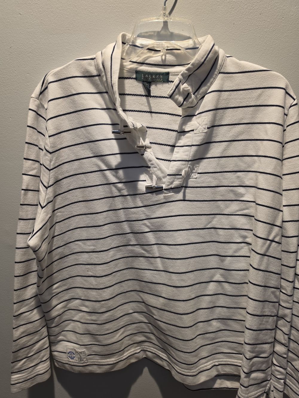 Lauren Ralph Lauren White Pullover with Navy Stripes and Toggle Details
